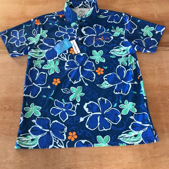 Five Birdies Performance Polo Shirt Men M Blue Floral Moisture Wicking UPF Logo - Picture 1 of 11